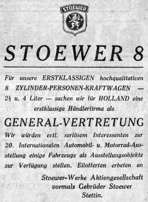 Stoewer 19300108 importeur gezocht