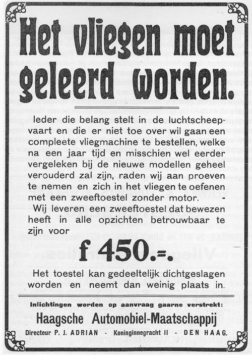 Adrian 6 Een advertentie om te leren zweefvliegen uit 1909
