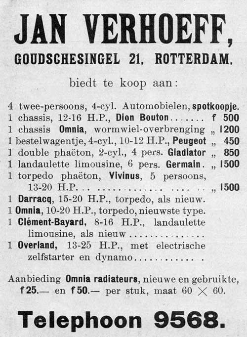 verhoeff 19140709 Advertentie van 9 juli 1914 in De Auto waarin twee Omnias worden aangeboden plus een partij Omnia radiateurs