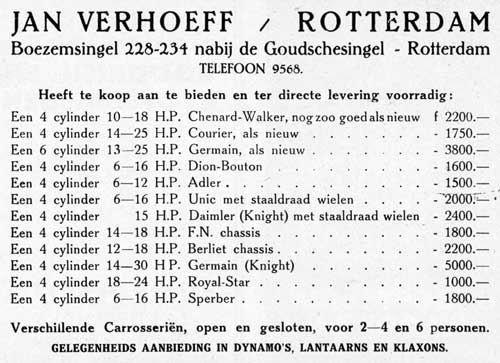 verhoeff 19161129 Advertentie uit Auto Leven d.d. 29 november 1916 met een ruime keuze aan tweedehands automobielen