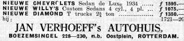 verhoeff 19340000 In 1934 adverteert Autohuis Verhoeff in de Haagsche Courant met de verkoop van nieuwe Diamond T vrachtwagens plus een aantal andere merken